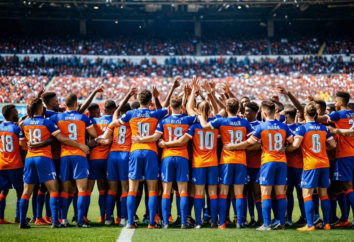 A dynamic sports team in action, wearing matching colorful jerseys that display their logo with pride, showcasing unity and teamwork. The background features an energetic stadium filled with enthusiastic fans, emphasizing the boost in performance driven by team spirit. Captured during a pivotal game moment, conveying passion and determination in the players' expressions. super-realistic. vibrant colors. high-energy atmosphere.