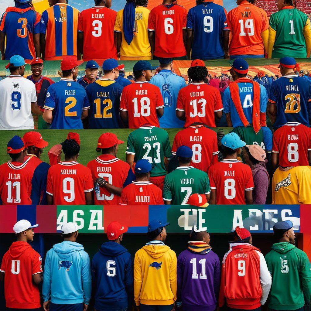 A dynamic collage showcasing a diverse team wearing branded gear including jerseys, hats, and scarves. Highlight various accessories like backpacks and wristbands that enhance their team spirit. Capture the energy and unity of the group in an outdoor setting, with a vibrant stadium backdrop. Emphasize colors representing teamwork and camaraderie. super-realistic. vibrant colors. energetic atmosphere.