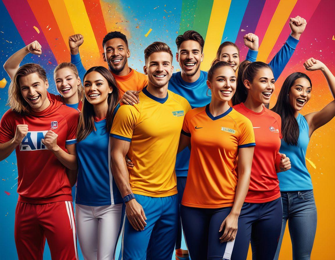 A vibrant collage showcasing a diverse group of enthusiastic team members wearing customized sports apparel and gear, engaged in various collaborative activities like team-building exercises and celebratory moments. Incorporate a dynamic background with banners and motivational quotes, emphasizing unity and spirit. The scene should reflect a sense of excitement and teamwork, capturing the essence of camaraderie. super-realistic. vibrant colors. 3D.